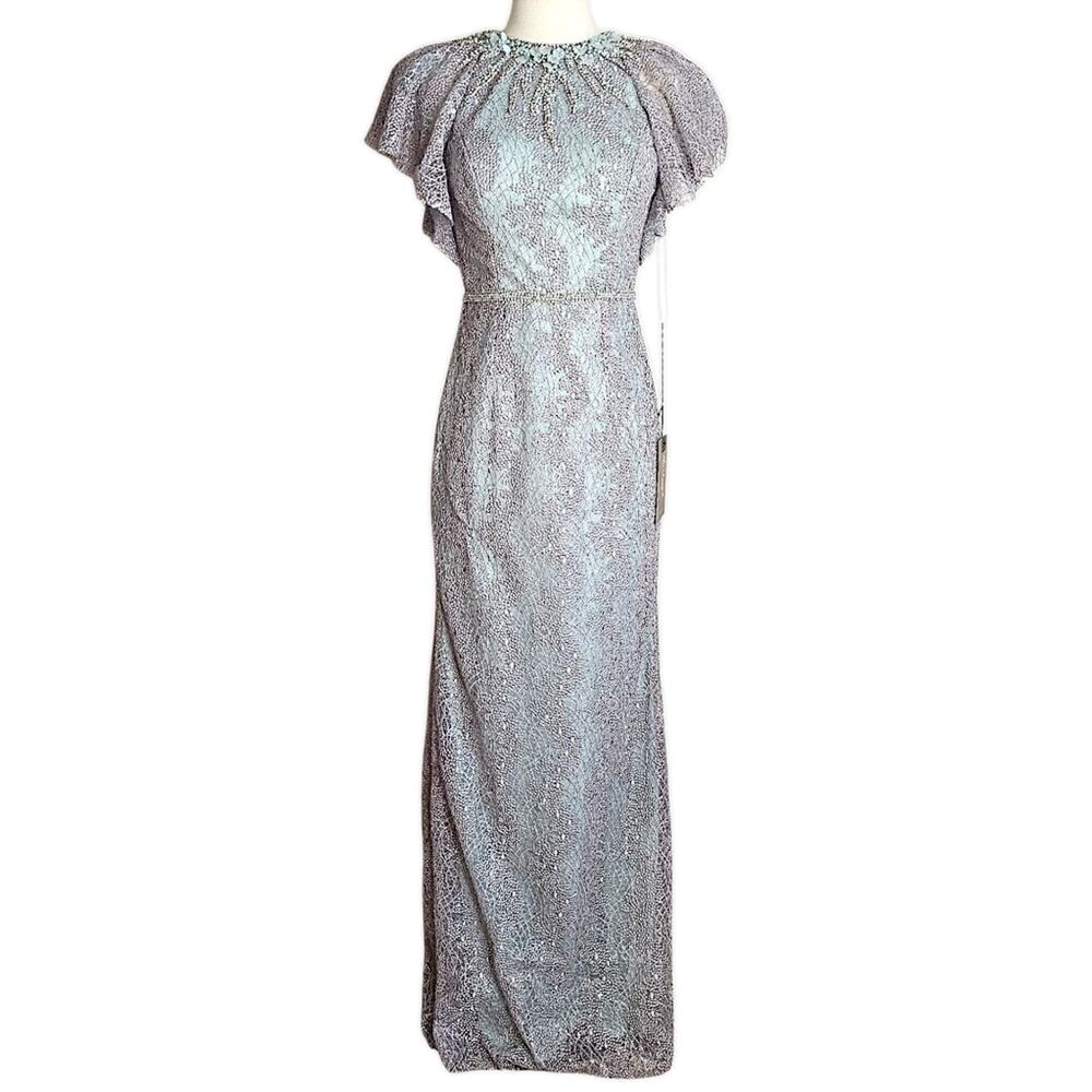 Mac Duggal Embellished Lace High Neck Formal Dress In Sage & Silver Size 2 NWT